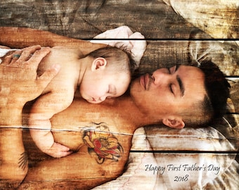 Personalisierter 1.Vatertag Holzbild: Personalisiertes Familienfoto Geschenk