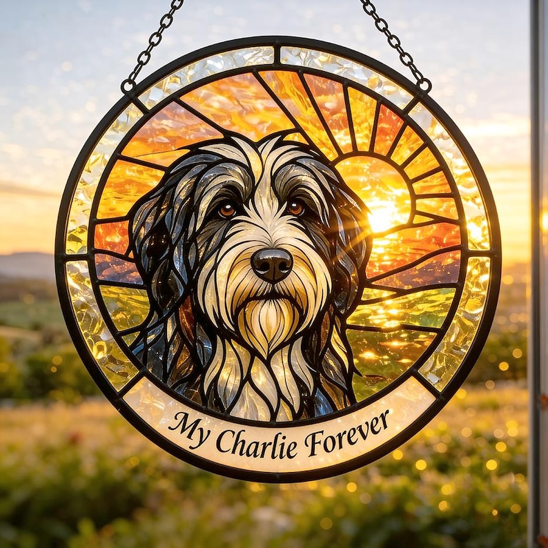 May include: Round stained glass window featuring a dog with black and white fur, set against a sunset backdrop. The text "My Charlie Forever" is displayed at the bottom. The window is framed in black and hangs from a chain.