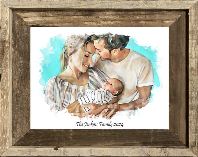 Family Portrait, Custom Newborn Gift : Mothers Day Gift Watercolor Portrait
