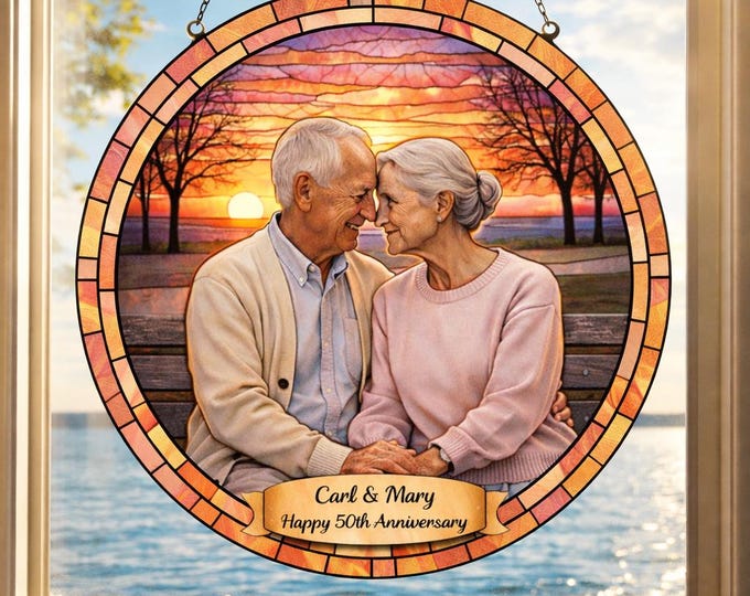 Personalized 50th Anniversary Stained Glass Suncatcher, Custom Grandparent Gift, Golden Anniversary Gift for Couples, 50 Years Wedding Gift