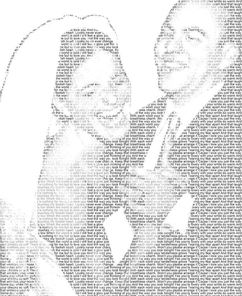 K&ouml;nnte beinhalten: Ein Schwarzwei&szlig;bild von zwei Gesichtern, die aus den Worten "Ich liebe dich" gebildet werden, die viele Male wiederholt werden. Die W&ouml;rter sind so angeordnet, dass sie die Umrisse der Gesichter bilden.