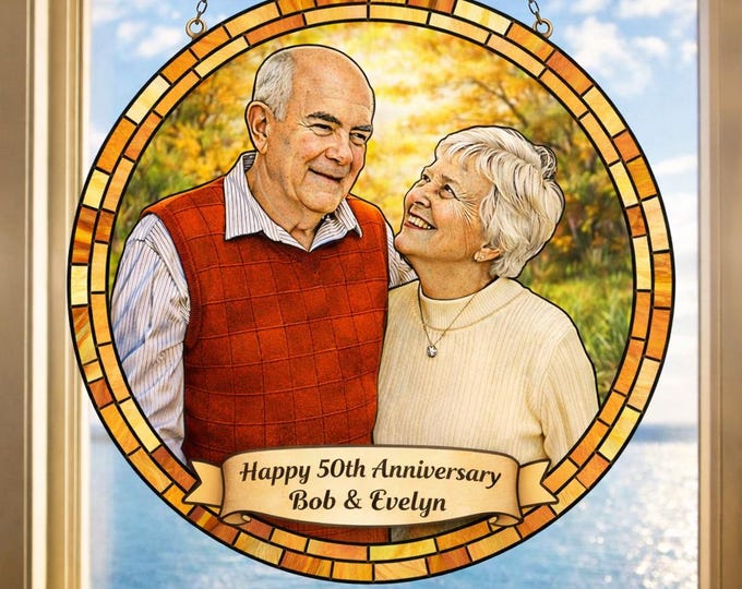 Personalized 50th Anniversary Stained Glass Suncatcher, Custom Grandparent Gift, Golden Anniversary Gift for Couples, 50 Years Wedding Gift