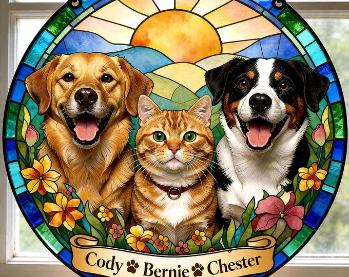 Personalized Dog Memorial Stained Glass Suncatcher, Christian Custom Pet Loss Gift, Rainbow Bridge Dog Portrait, Dog Sympathy Gift