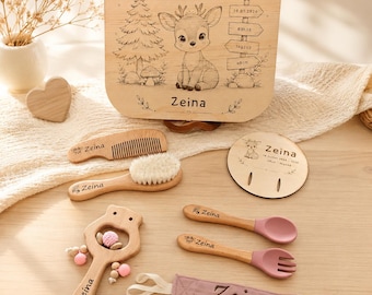 Personalized wooden baby gift set, suitcase engraved with baby's name, original baby shower gift, baby deer baby set, baby shower