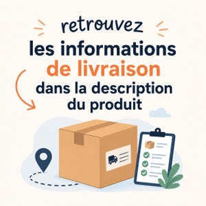 May include: An illustration featuring a brown cardboard box with a shipping label, a clipboard with a checklist, and a location marker. The text reads, "Find shipping information in the product description."
