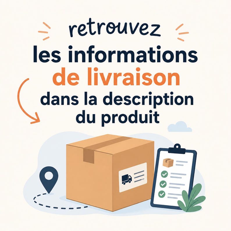 May include: An illustration featuring a brown cardboard box with a shipping label, a clipboard with a checklist, and a location marker. The text reads, "Find shipping information in the product description."