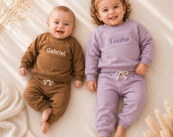 Embroidered baby sweater and pants set, perfect as a christening gift, soft cotton personalized outfit