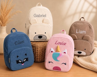 Mochila personalizada de terciopelo con forma de animal y nombre bordado, bolso para la guardería, mochila para bebé y niño pequeño, mochila infantil, regalo de nacimiento para niño/niña