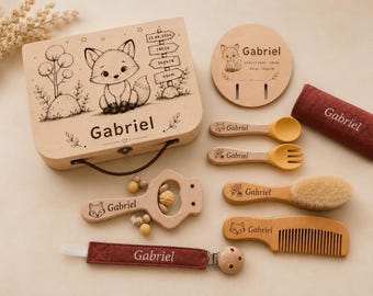 Set regalo in legno per neonati con volpe incisa e nome del bambino, valigetta personalizzata e sonaglio inciso, regalo originale per nascita/battesimo ricamato in Francia