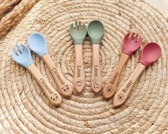 Cadeau naissance - Duo de Couverts d'Apprentissage Personnalisés – Cuillère et Fourchette Bébé avec Prénom