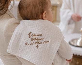 Personalized Baptism Blanket, Embroidered Name & Date, White Cotton Muslin, Shawl/Stole for Ceremony, Olive Branch and Cross