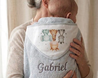 Embroidered bath cape with name, baby gift set with matching bib, 100% cotton personalized bath towel for girls and boys