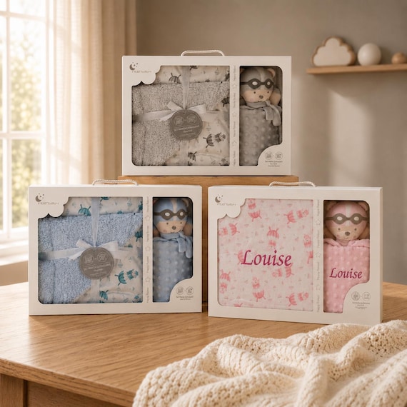Coffret naissance personnalisé couverture doudou doublure fourrure brodé prénom, cadeau naissance fille garçon