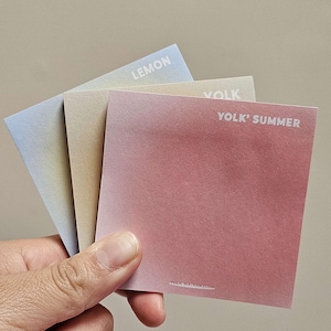 May include: Three gradient color swatches, from left to right: light blue, beige, and pink. The swatches are labeled "Lemon", "Yolk", and "Yolk' Summer".