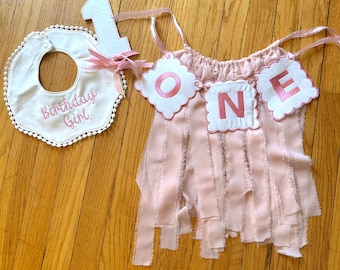 Embroidered Birthday Bundle: Custom Banner, Bib, Cake Topper