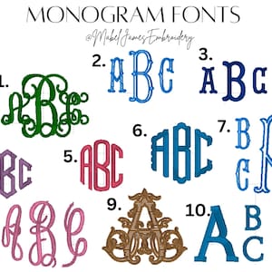 May include: Image showcasing ten different monogram font styles in various colors, including green, blue, pink, and purple. The text "MONOGRAM FONTS" and the Etsy shop name are at the top.