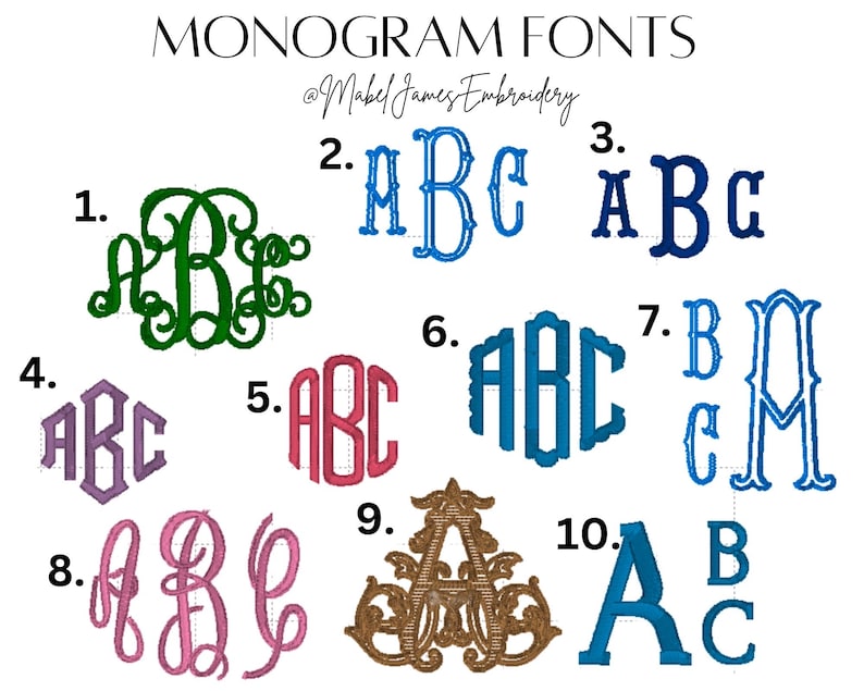 May include: Image showcasing ten different monogram font styles in various colors, including green, blue, pink, and purple. The text "MONOGRAM FONTS" and the Etsy shop name are at the top.