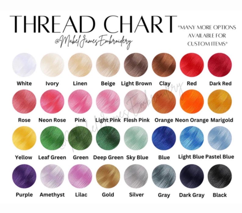 Op de afbeelding: Een draadkaart met een verscheidenheid aan kleuren, waaronder wit, ivoor, beige, rood, roze, geel, groen, blauw, paars, goud en grijs. De tekst "THREAD CHART" en "@Mabel James Embroidery" staan bovenaan. Extra tekst luidt "MANY MORE OPTIONS AVAILABLE FOR CUSTOM ITEMS."