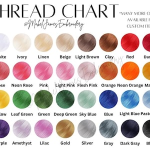 May include: A thread chart with a variety of colors, including white, ivory, beige, red, and blue. The chart includes the text "THREAD CHART" and "@Mabel James Embroidery". Additional text states "MANY MORE OPTIONS AVAILABLE FOR CUSTOM ITEMS."