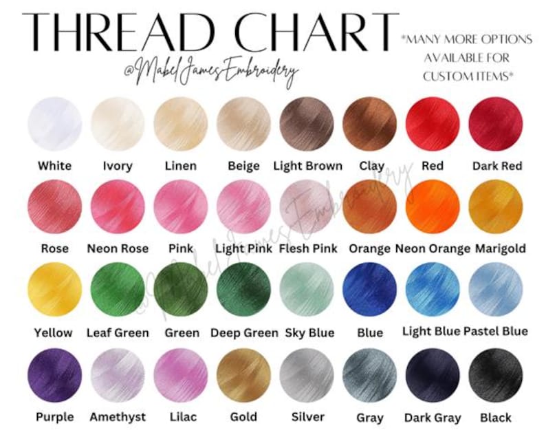 May include: A thread chart with a variety of colors, including white, ivory, beige, red, and blue. The chart includes the text "THREAD CHART" and "@Mabel James Embroidery". Additional text states "MANY MORE OPTIONS AVAILABLE FOR CUSTOM ITEMS."