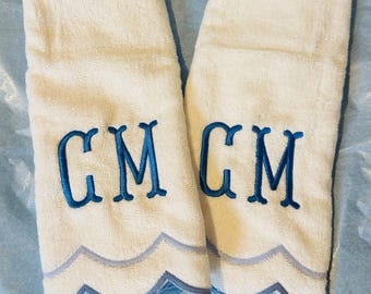 Embroidered Monogram Scalloped Towel: 100% Cotton Bath & Hand Towel