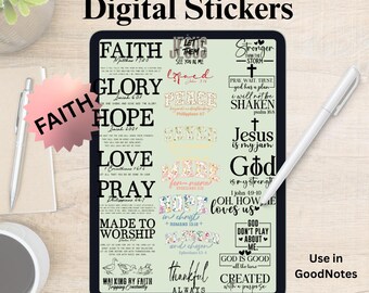 May include: A digital sticker set with 24 pre-cropped PNGs, featuring inspirational quotes and phrases like "Faith," "Hope," and "Love." The stickers are designed for use in GoodNotes and include a variety of fonts and floral accents. The text "God's Lit Star" is also visible.