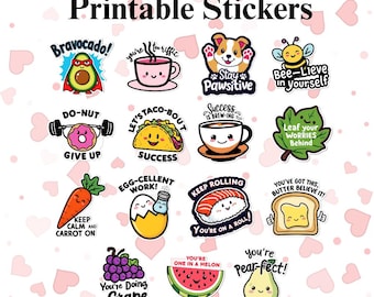 Puede incluir: Una colección de 15 pegatinas PNG precortadas e imprimibles. Las pegatinas presentan varias ilustraciones lindas de alimentos, animales y juegos de palabras, incluyendo un aguacate superhéroe, una rosquilla levantando pesas y un taco con la palabra "Éxito".