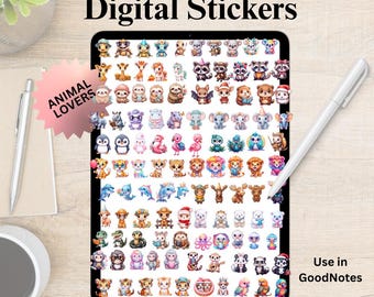 Könnte beinhalten: Ein digitales Tablet zeigt 110 Tier-PNG-Digitalaufkleber. Die Aufkleber sind farbenfrohe Illustrationen verschiedener Tiere, darunter Bären, Faultiere und Pinguine. Der Text "Animal Lovers" befindet sich auf einem rosa Stern, und der Text "Use in GoodNotes" ist ebenfalls sichtbar.