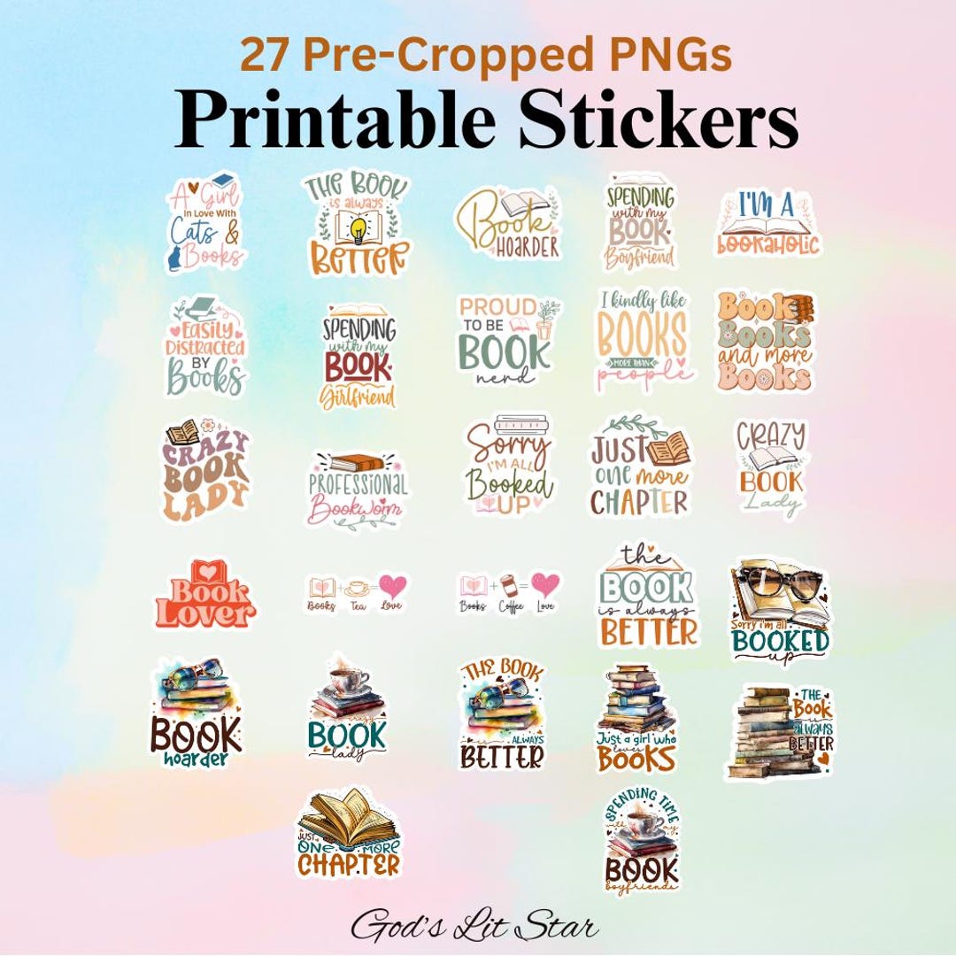 27 Cute Bookish Printable Stickers PNG – Instant Download for Book ...