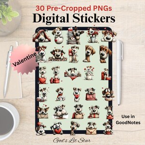 Puede incluir: Pegatinas digitales con ilustraciones de perros, perfectas para el Día de San Valentín. Estas PNG pre-recortadas están diseñadas para su uso en GoodNotes. La imagen incluye el texto "30 PNG pre-recortados Pegatinas digitales" y "Usar en GoodNotes".
