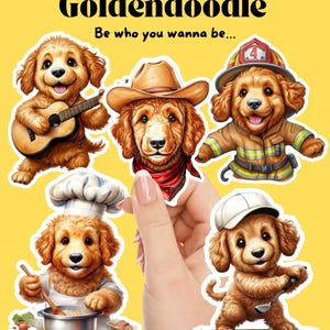 Juego de 5 pegatinas de perro Goldendoodle: brillantes, de vaquero, bombero, chef, músico famoso y golfista.
