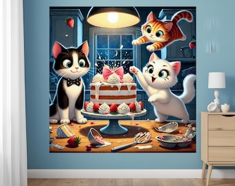 May include: A whimsical illustration of three cartoon cats gathered around a layered cake decorated with strawberries and whipped cream. One cat wears a bow tie, another reaches for the cake, and a third floats above. The scene is set in a kitchen.