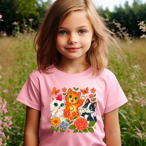 Cat Shirt for Kids | Cute Youth Tee with Cats, Butterflies and Flowers | Floral Cat Lover Gift for Girls | Summer or Back to School Shirt