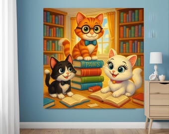 Reading Cats Wall Art – Library Kitten Print for Kids, Book Lover Nursery Decor (Digital Download)