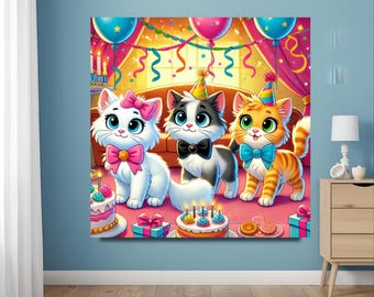 May include: A colorful illustration of three cartoon cats at a birthday party. The cats are white, gray, and orange, each wearing a bow tie and party hat. Balloons, cake, and presents decorate the scene.