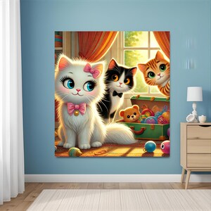 Könnte beinhalten: Eine farbenfrohe Illustration mit drei Zeichentrickkatzen. Eine weiße Katze mit rosa Schleife sitzt im Vordergrund. Eine schwarz-weiße Katze mit Fliege und eine orangefarbene Tabby-Katze schauen hinter einer grünen Truhe voller Spielzeug hervor. Ein niedliches, skurriles Design.