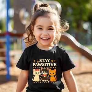 Stay Pawsitive Youth Cat TShirt, Cute Kids Kitten Graphic Tee, Back to School Cartoon Shirt, Positive Saying Cat Lover Gift for Boys & Girls