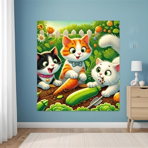 Puede incluir: Ilustración colorida de tres gatos de dibujos animados en un jardín. Un gato es blanco y negro, otro es naranja y blanco, y el tercero es blanco. Están rodeados de verduras y una valla blanca.