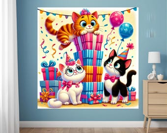 May include: A colorful illustration of three cartoon cats celebrating a birthday. One orange tabby cat sits atop a pile of wrapped gifts. A white cat with glasses and a black and white cat with bow ties are also present. Balloons and confetti complete the festive scene.