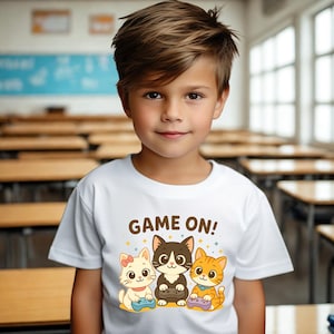 Game On Kids Gamer Cat T-Shirt, Cute Video Game Cats Tee for Girls & Boys, Youth Gaming Shirt Gift for Cat Lovers, Kids Birthday Gift