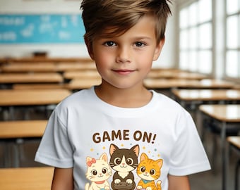 Game On Youth T-Shirt | Gamer Cat Graphic Tee for Kids | Video Game Shirt for Boys & Girls