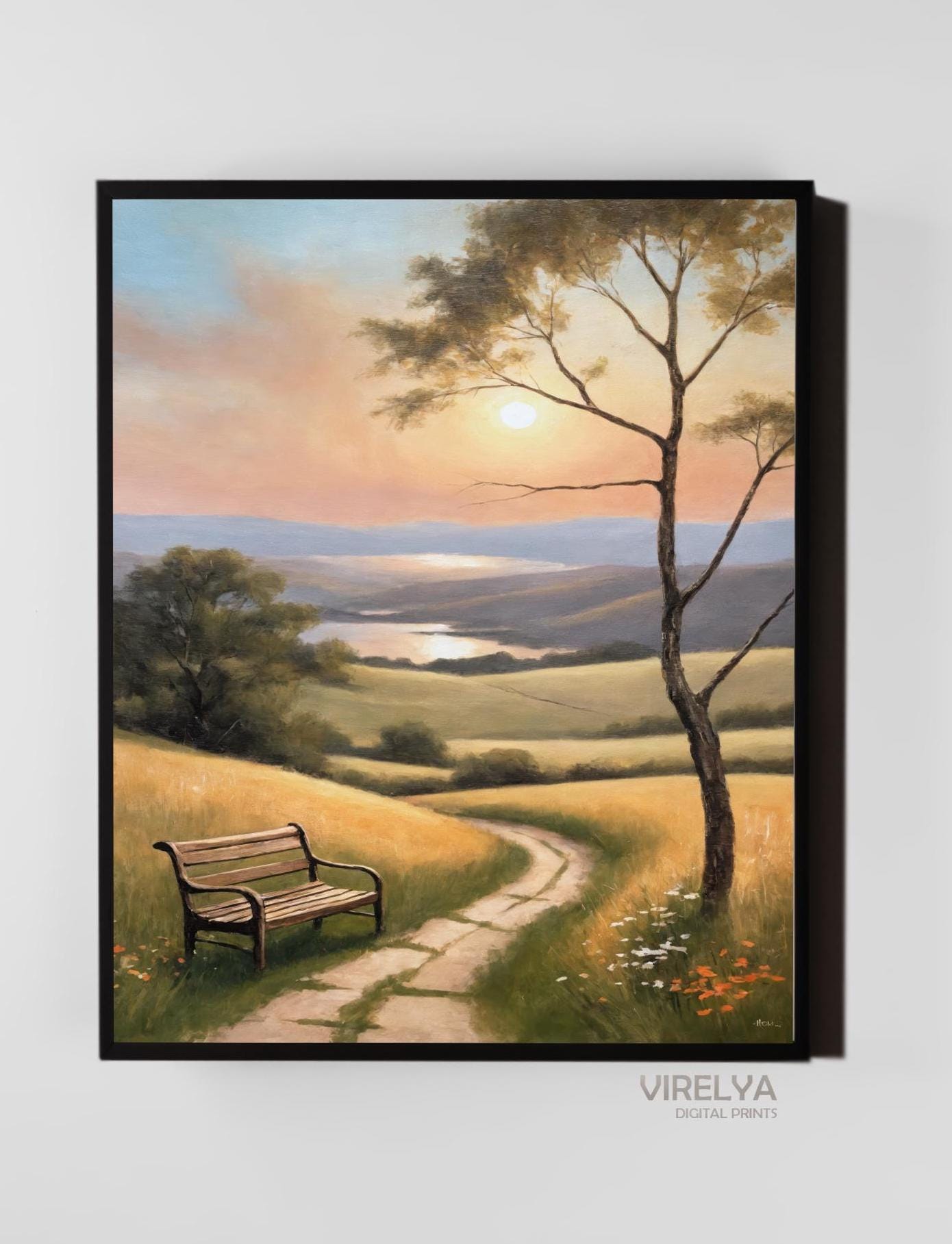 Tranquil Landscape Sunset Wall Art | High-Res Digital Print | Serene Sunset Canvas Poster | Instant Download Printable Decor | Oil Painting