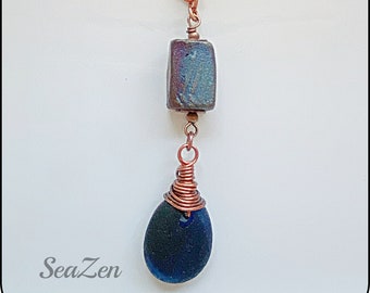 Sea Glass, Dark Blue English Multi, Raku Bead, Copper, OOAK Hand Crocheted Necklace  #816