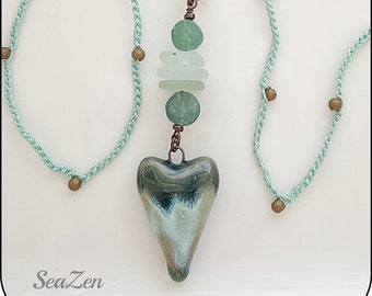 Sea Glass, Seafoam, Ancient Roman Glass, Ceramic Heart, Extra Long Crochet OOAK Necklace #815