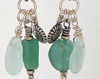 Sea Glass, Pale Blue, Ancient Roman Glass, Sterling Silver Charms, OOAK, Silver Earrings  #939