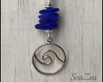 Sea Glass, Cobalt, Stacked, Wave Charm, Sterling Silver Necklace #777