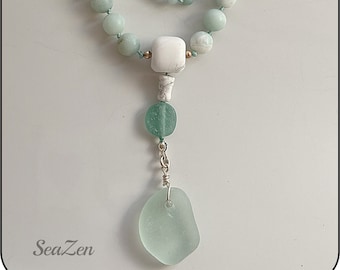 Sea Glass, Seafoam, Ancient Roman Glass, Amazonite, Howlite, Hand Knotted Mala Style Necklace #812