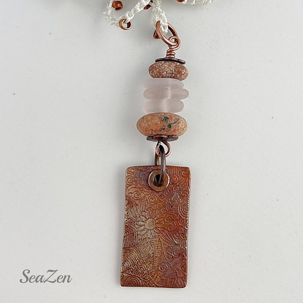 Sea Glass, Amethyst, Beach Pebbles, Copper Pendant, Crochet OOAK Necklace  #806
