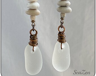 Sea Glass, Frosty White, Beach Pebbles, African Opal, Brass OOAK Drop Earrings #958