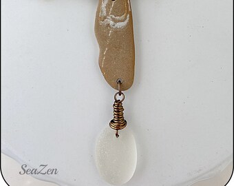 Sea Glass, White, Clear, African Opal, Beach Stone, Brass, Hand Knotted Mala Style Necklace #811